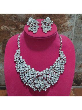 Statement Bib Necklace and Earring Set Silver Beads Glittery White Rhinestones G